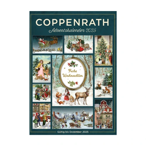 Coppenrath Adventskalender 2025 Collage nostalgischer Weihnachtsmotive mit Rehen, Engeln und Dörfern, Adventskalender 2025