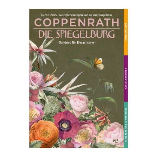 Coppenrath · Die Spiegelburg „Schönes für Kinder“ Herbst 2025 Aquarell-Illustration mit bunten Blumen und Schmetterlingen auf grünem Hintergrund, Katalogtitel Herbst 2025