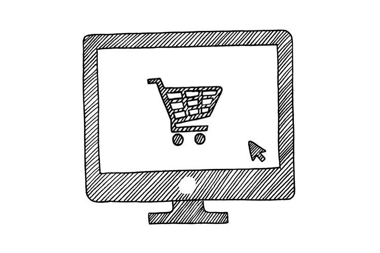 Icon Warenkorb Handel Bildschirm mit Einkaufswagen in der Mitte ikonisch gezeichnet