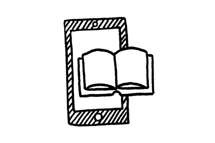 Icon Kataloge für Handel Handyscreen mit aufgeschlagenem Buch ikonisch gezeichnet