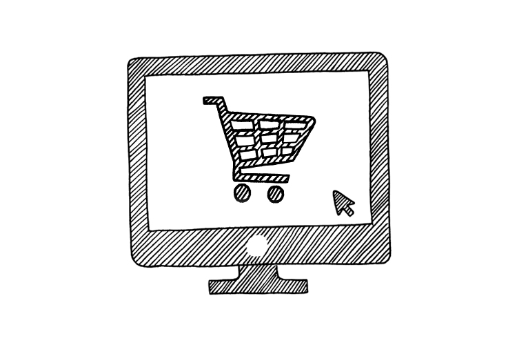 Icon Warenkorb Handel Bildschirm mit Einkaufswagen in der Mitte ikonisch gezeichnet