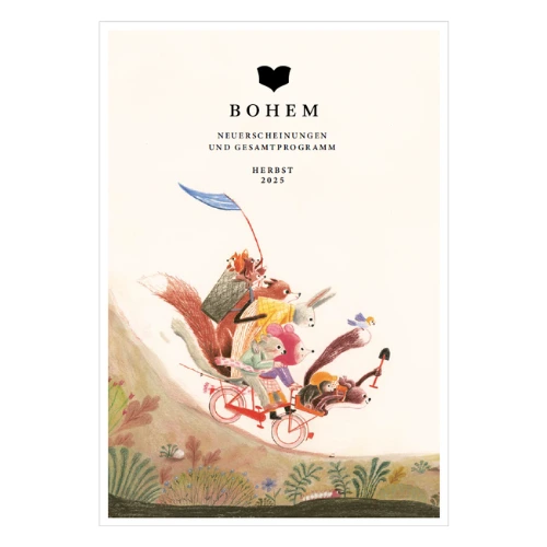 Bohem Katalog Herbst 2025 Bunte Tiere fahren gemeinsam einen Berg auf einem Fahrrad runter
